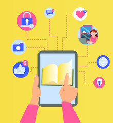 Nice illustration of some hands holding a tablet from which many telecommunications icons come out while they pass the pages of an interactive book