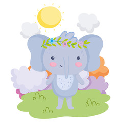 cute animals elephant with flowers in head grass clouds sunny day cartoon
