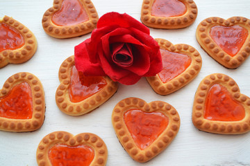 Spring cookies heart pattern and red rose