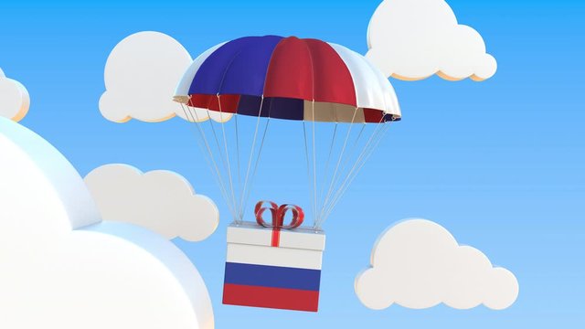 Box with national flag of Russia falls with a parachute. Loopable conceptual 3D animation