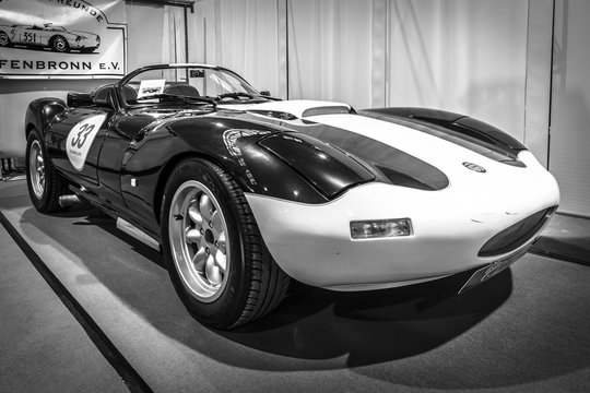 STUTTGART, GERMANY - MARCH 17, 2016: Racing car Ginetta G33 Limited, 1991. Black and white. Europe's greatest classic car exhibition "RETRO CLASSICS"