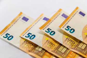 Banknote fifty euros. Concept of inflation, bankruptcy, currency exchange rate