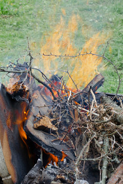 Farmer Burns Green Waste In The Concept Of Bonfire, Bonfire Outdoors, Agriculture. Fallen Leaves, Branches And Household Trash Burns In An Autumn Fire