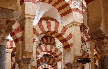 The columns and arches of the Mosque–Cathedral of Córdoba, Andalusia, Spain