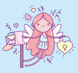 happy valentines day, cute cupid with padlock and mail box message hearts romantic