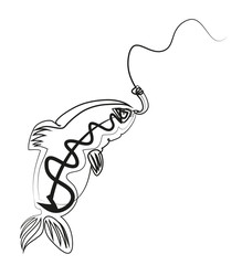 One continuous line drawing of Fish caught on a hook.Sea fishing Simple line art drawing of Fish caught on a hook.Sea fishing