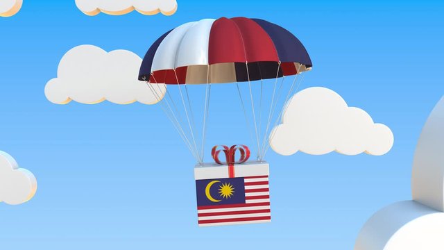 Carton with flag of Malaysia falls with a parachute. Loopable conceptual 3D animation