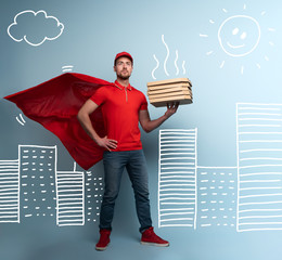 Deliveryman with pizzas acts like a powerful superhero. Concept of success and guarantee on...