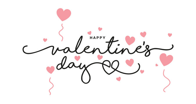 Happy Valentine's Day handwritten typography lettering with pink hearts isolated on white background banner