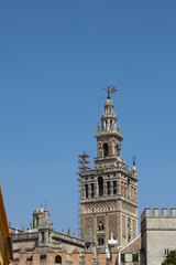 Fototapeta na wymiar The campanile of the cathedral Saint Mary of the See, Seville, Spain