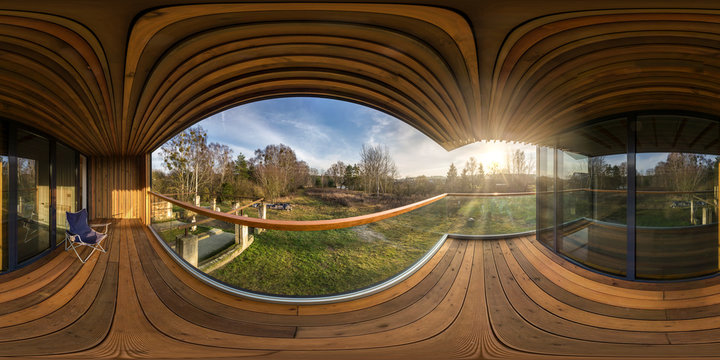 full seamless hdri panorama 360 angle in interior of empty hall veranda with panoramic windows in wooden vacation homestead house in equirectangular spherical projection.VR content