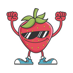 Cheering strawberry character with sunglasses
