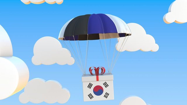 Carton with flag of South Korea falls with a parachute. Loopable conceptual 3D animation