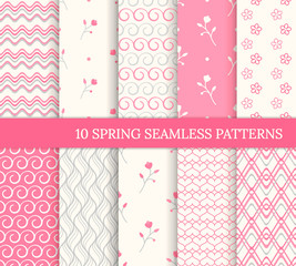 Ten spring seamless patterns. Romantic pink backgrounds for Valentine's or Mother's day. Endless texture for wallpaper, web page, wrapping paper. Retro love style. Wave, flower, swirl, branch