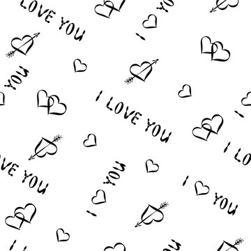 Fototapeta Seamless romantic pattern of the inscriptions I love you and hearts on a transparent background.