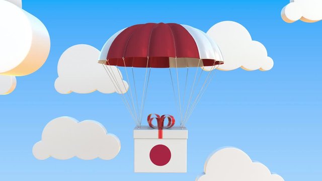 Carton with flag of Japan falls with a parachute. Loopable conceptual 3D animation