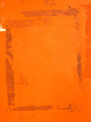 Old blank orange paint wall ripped torn posters grunge texture background creased crumpled paper backdrop placard surface / Empty space for text © Nikola