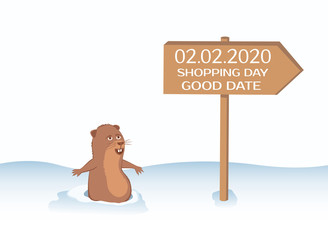 Groundhog climbed out of the hole. Sign of 02.02.2020 and shopping day.