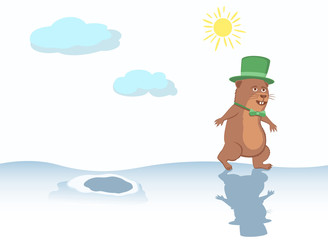 Groundhog with a hat and bow tie walk over snowdrifts.