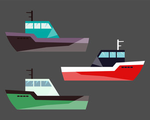 Version Fishing Ships. Vector water isolated flat transport icon. Ship at sea, shipping boat, motor boat ocean transport