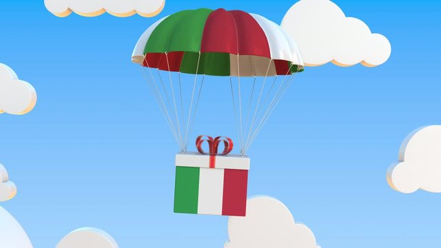 Carton with flag of Italy falls with a parachute. Loopable conceptual 3D animation