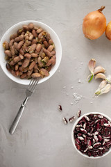 Lobio is a Georgian dish of white and red beans. Beans are a healthy, tasty and satisfying product.. Clouse up. Top view.