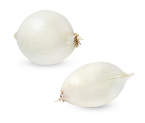 Fototapeta premium Two white onions of different shapes isolated on a white background. Clipping path. An element of your design.