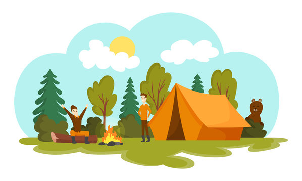 Camping illustration with summer forest cartoon style. Men rest in forest with campfire. Camping Tent. Vector illustration