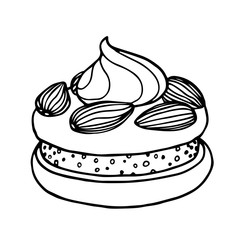 almond cake with nuts,whipped cream & meringue, festive dessert, for decoration, vector illustration with black contour lines isolated on white background in doodle & hand drawn style