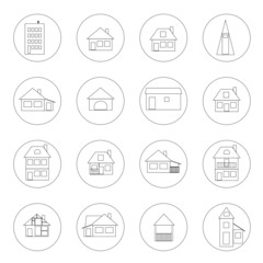 Set of black and white icons with houses for social media and blog design. 