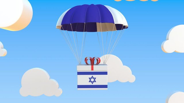 Carton with flag of Israel falls with a parachute. Loopable conceptual 3D animation