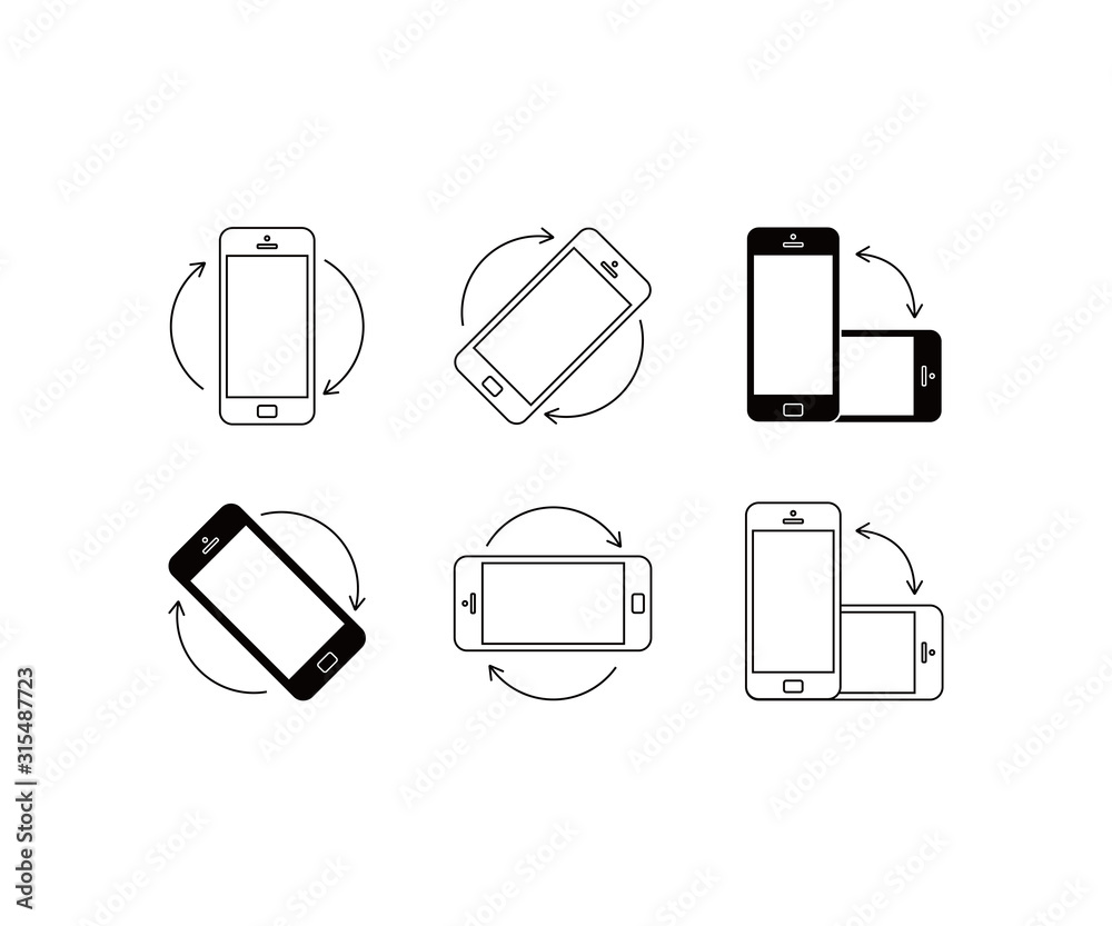 Wall mural rotate smartphone set. phone that rotates with the arrow. horisontal or vertical rotation icons in w