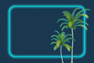 Fototapeta na wymiar two palms trees with turquoise neon frame