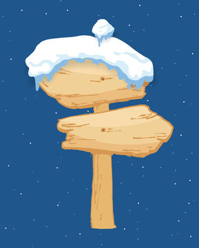 Cartoon wooden winter sign with snow cap vector illustration. Snowy sign board. Wood directional arrow, snow covered banner