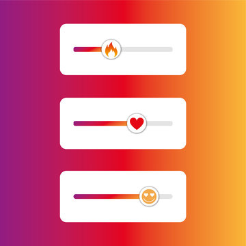 Slider with Emoji fire, heart and smile for social media isolated on modern background. Scroll smile for apps and websites. Vector illustration.