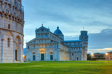 The Baptistery in the foreground, the Duomo and the leaning tower in the background, Pisa, Italy