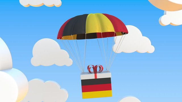 Box with national flag of Gemany falls with a parachute. Loopable conceptual 3D animation