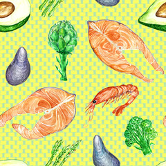 Seamless pattern with vegetables and seafood, watercolor illustration on matting background