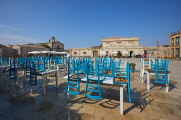 The main square of the historic village Marzamemi, Province of Syracuse, Sicily, Italy