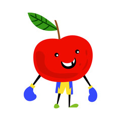 Sport apple character with boxing gloves. Funny fruit food on sport exercises, fitness vitaminic human healthy nutrition vector illustration