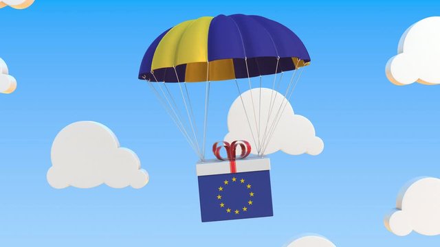 Box with national flag of the European Union falls with a parachute. Loopable conceptual 3D animation