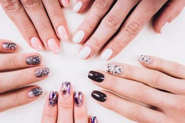 Stylish trendy manicure. Women's hands. Advertising nail salon. Manicure.