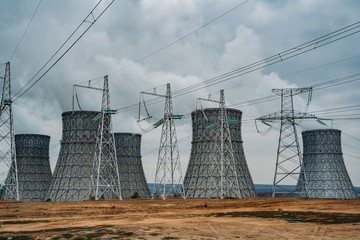 Cooling tower of nuclear power plant and power lines