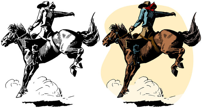 A cowboy rides a bucking bronco in a rodeo performance.