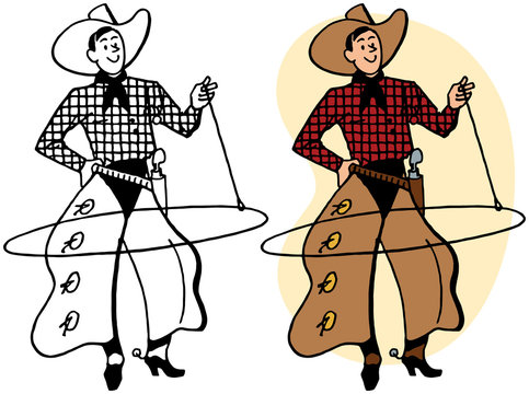 A cowboy in chaps twirls a lasso in a rodeo performance.