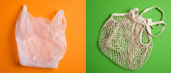 Disposable Plastic Polythene Bag vs Reusable Mesh Net Shopping Bag Cotton Eco Friendly Tote String. Comparison concept. Plastic free, Zero Waste, Sustainable Lifestyle