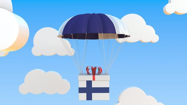 Box with national flag of Finland falls with a parachute. Loopable conceptual 3D animation