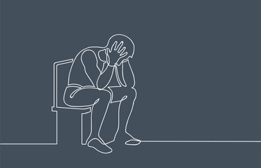 Sad man sitting on chair. Continuous line drawing