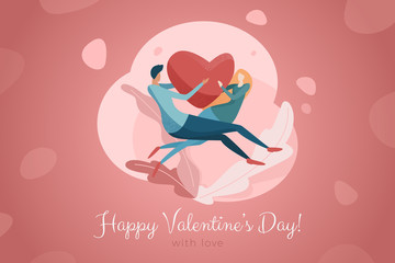Valentines Day of Love Greeting Card vector design template. Couple in Love holding Heart and levitating on pink background abstract