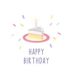 Sweet festive piece of cake with candle. Happy Birthday. Greeting Card Design. Vector isolated illustration on a white background.